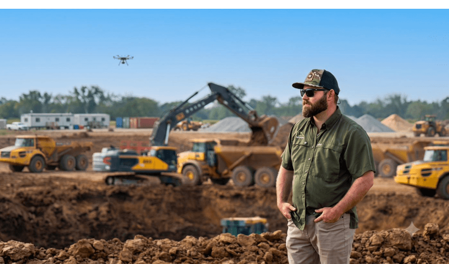 Civil Mesh founder standing on a large-scale jobsite with a drone overhead and heavy equipment moving dirt